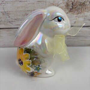 VTG White Bunny Rabbit Figurine Iridescent Glossy Luster Yellow Flowers
